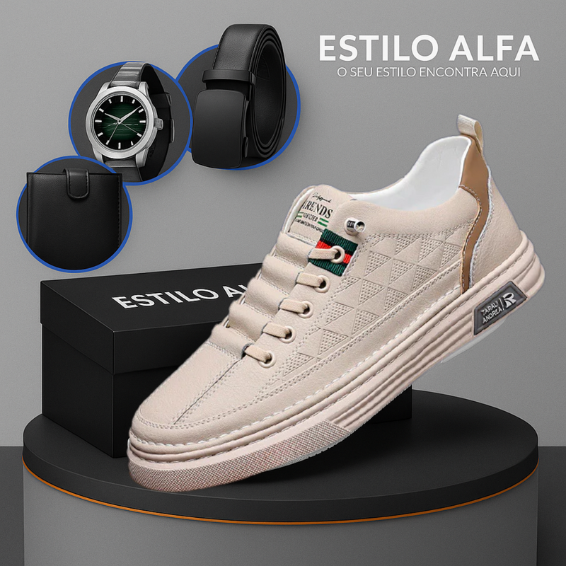 Tênis Casual Ortopédico Masculino Alvion em Couro e Sola Antiderrapante +BRINDES: Relógio, Cinto e Carteira